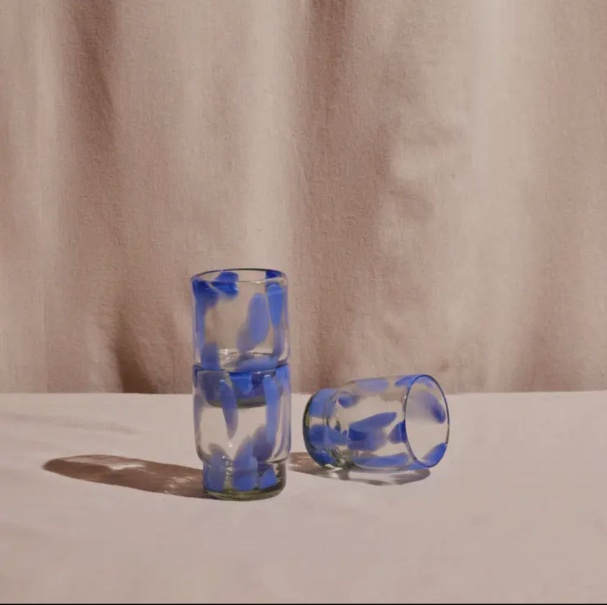 Mouthblown blue + clear glasses (set of four)