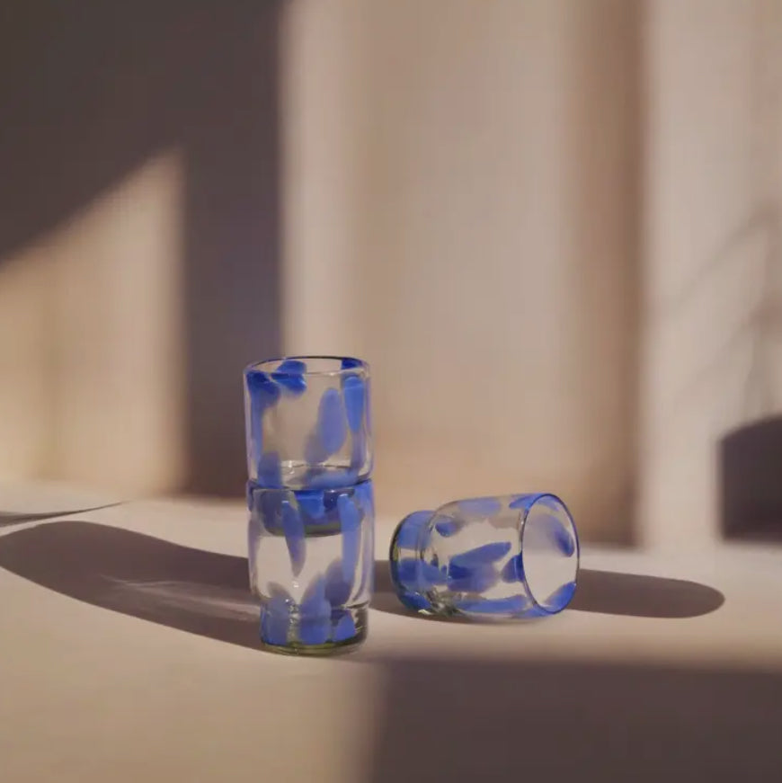 Mouthblown blue + clear glasses (set of four)