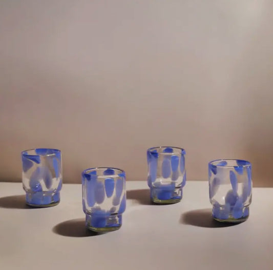 Mouthblown blue + clear glasses (set of four)