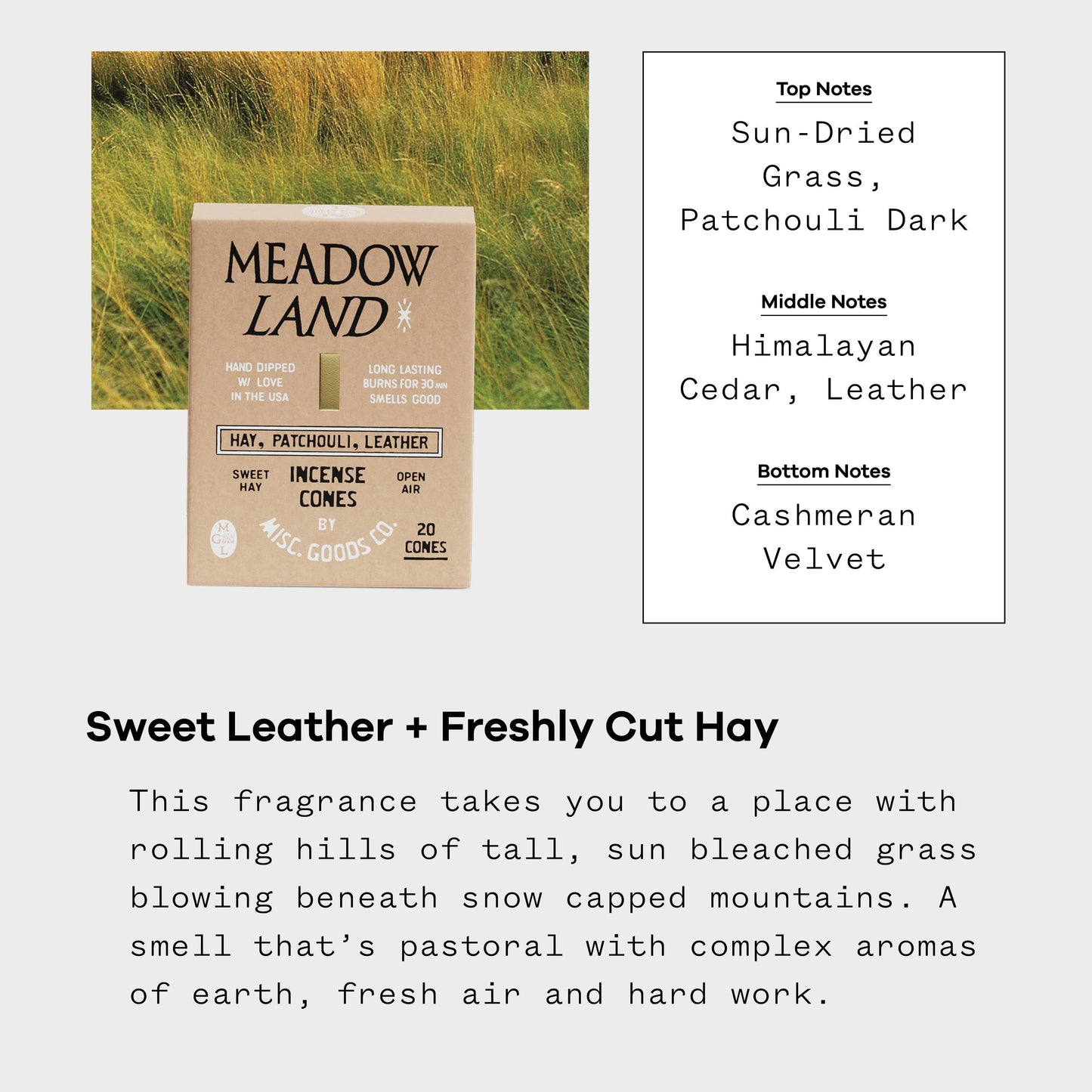 Meadowland Incense Cones – Grass, Cedar & Patchouli | Clean Burning, 20-Pack