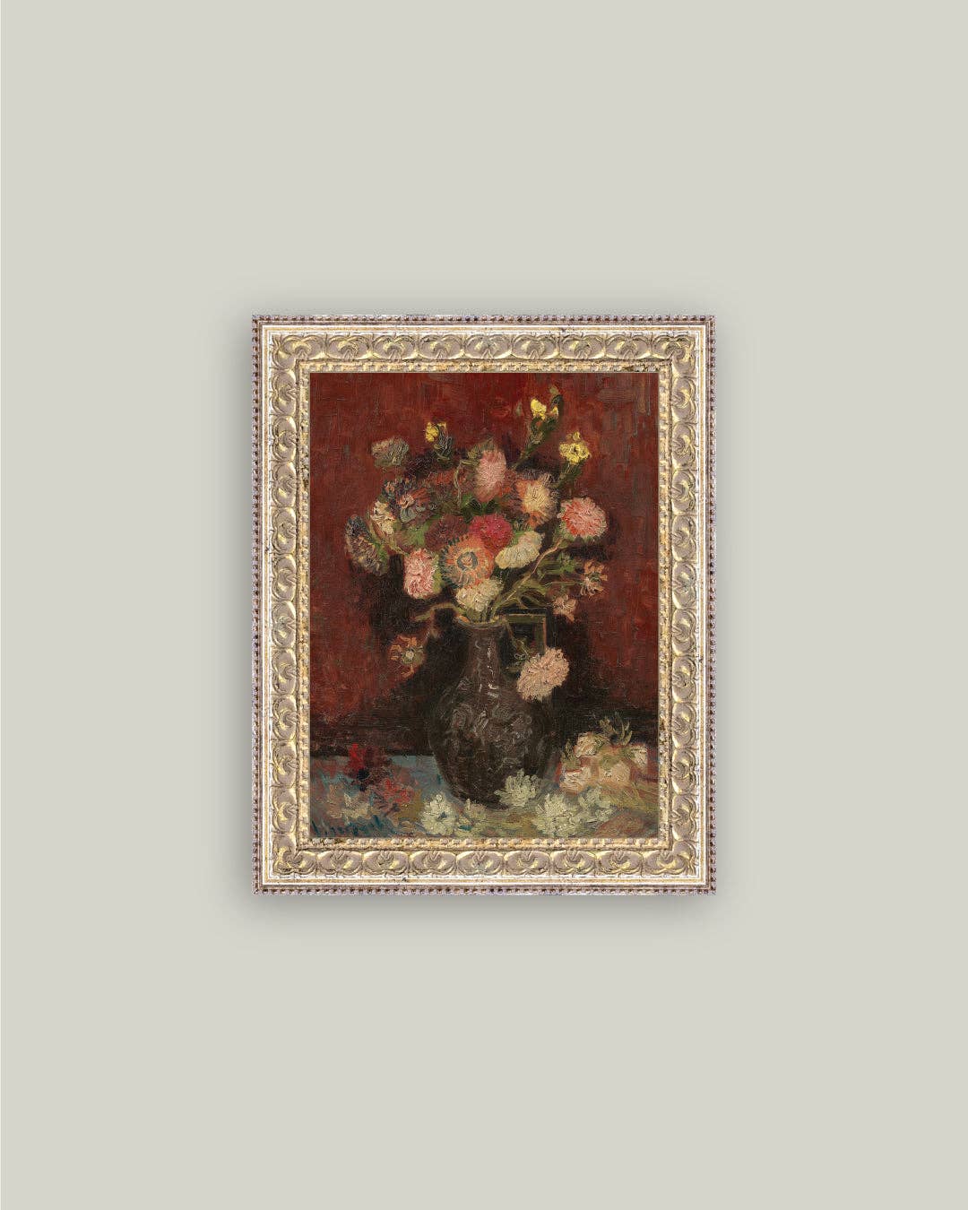 Chinese Asters and Gladioli Framed Antique Art