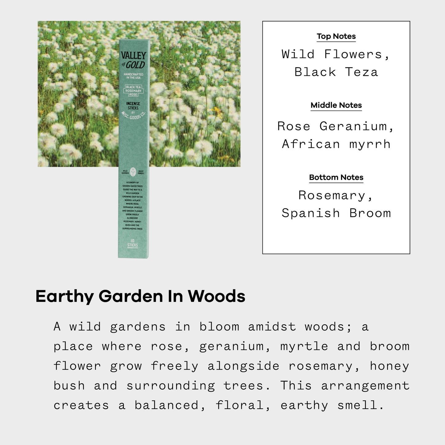 Valley of Gold Incense Sticks – Wildflowers, Rose & Rosemary | Slow Burning, 20-Pack